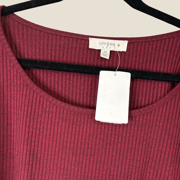 NWT Umgee Red Ribbed Long Sleeve Sheer Panel High-Low Hem Top 2XL Womens - Picture 2 of 9